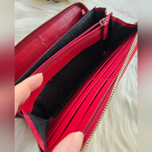 YSL Red Leather Zip-Around Signature Logo Wallet - Picture 10 of 17
